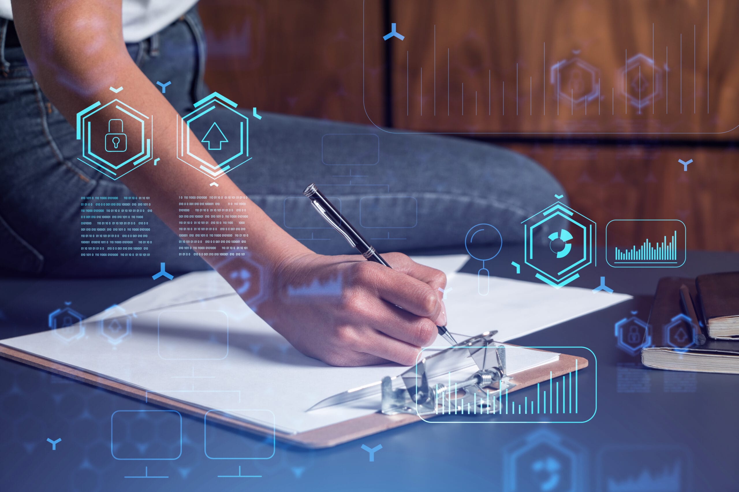 A client is signing a contract to create a new software to present it in start up conference and gain investments to create a product. Technological graph over the desk. Women in business concept.
