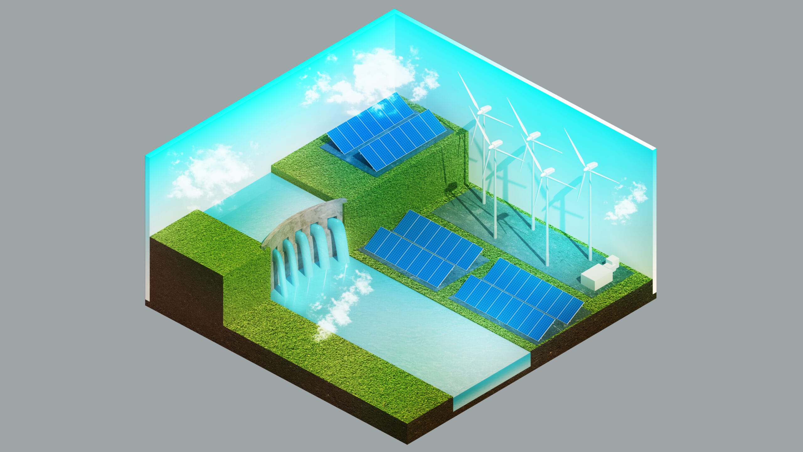 Isometric view of a hydroelectric dam,windmill ,solar cell ,Futu